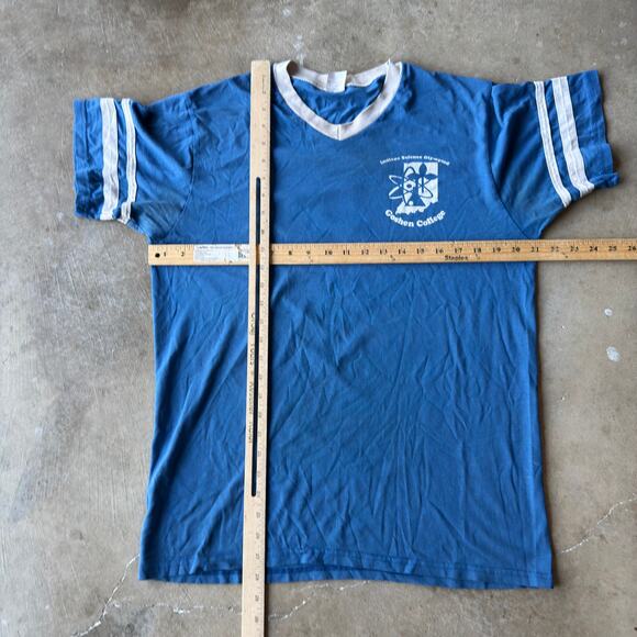 VINTAGE 90S SCIENCE OLYMPAID GOSHEN COLLEGE RINGER T-SHIRT GRAPHIC MENS LARGE - Picture 5 of 5